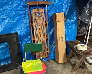 Vintage Ace Pacer Sled, stadium seats, extension cords