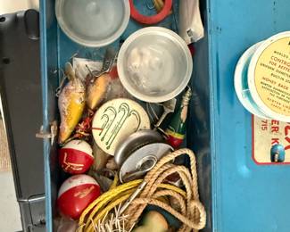 Antique Fishing Tackle Box full of tackle and vintage wooden lures
