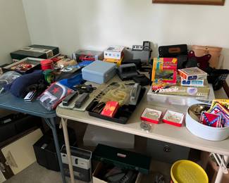 Vintage cameras, Polaroid and instamatic cameras, Minolta 35MM, Binoculars, Boyscout patches, games, vintage toys, Tonka, Lincoln Logs
