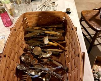 Tons of vintage silver, bone handles, tongs, glass cellars