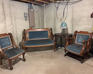 Beautiful carved furniture set with new upholstery.