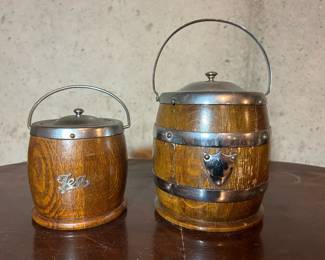 Vintage tea and ice barrels.
