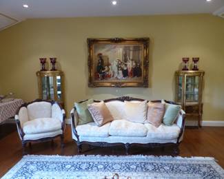 Carved mahogany sofa with matching accent chair, pair of gold leaf hand painted vitrines, framed artwork, bric-a-brac