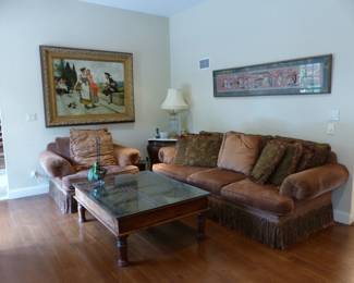 Sofa, club chair, coffee table, small chest, art