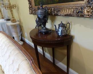 Demilune drop leaf table, silverplate coffee urn set