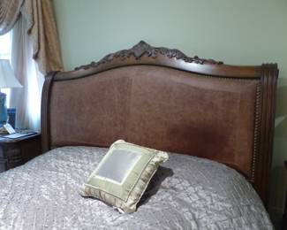 King size bedroom set with leather headboard, pair of night tables, dresser with mirror & armoire