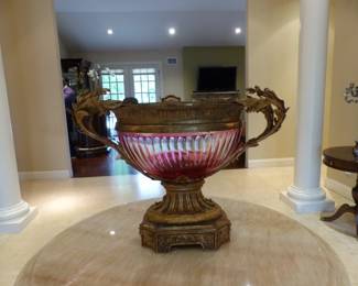 Antique French Dore Bronze Cranberry Glass Compote