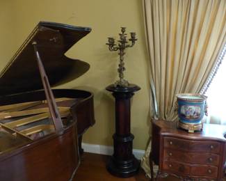 Wood pedestal, single bronze candelabra