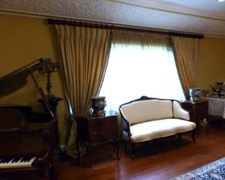 Mahogany frame neutral sofa, pair of side chests, pair of gorgeous jardinieres, custom draperies