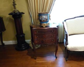 Mahogany frame neutral sofa, pair of side chests, pair of gorgeous jardinieres, custom draperies
