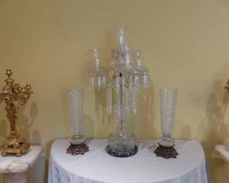 Antique crystal candelabra, pair of crystal vases