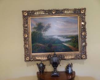 Decorative framed art, silverplate coffee urn set