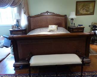 King size bedroom set with leather headboard, pair of night tables, dresser with mirror & armoire, bench