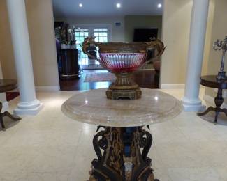 Antique French Dore Bronze Cranberry Glass Compote