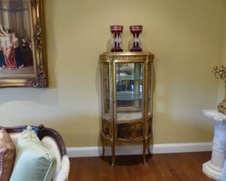 Pair of gold leaf hand painted vitrines, pair of lusters