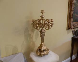 Pair of bronze candelabras, pair of marble pedestals