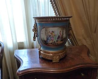 Mahogany frame neutral sofa, pair of side chests, pair of gorgeous jardinieres, custom draperies