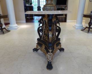 Stunning marble top entrance table, bronze chandelier, pair of bronze sconces, pair of small round tables, pair of candelabras