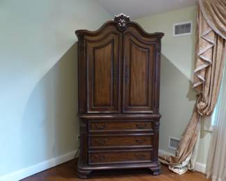 King size bedroom set with leather headboard, pair of night tables, dresser with mirror & armoire