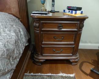 King size bedroom set with leather headboard, pair of night tables, dresser with mirror & armoire