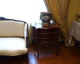Mahogany frame neutral sofa, pair of side chests, pair of gorgeous jardinieres, custom draperies