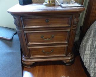 King size bedroom set with leather headboard, pair of night tables, dresser with mirror & armoire