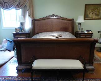 King size bedroom set with leather headboard, pair of night tables, dresser with mirror & armoire