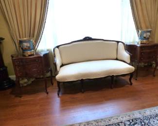 Mahogany frame neutral sofa, pair of side chests, pair of gorgeous jardinieres, custom draperies