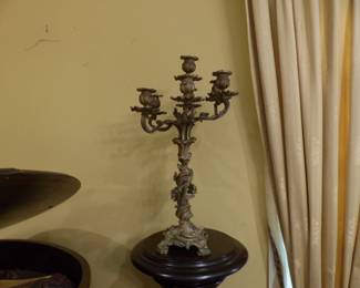 Wood pedestal, single bronze candelabra