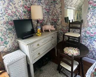 Cottage chic painted 2 drawer chest, childs table set wicker items