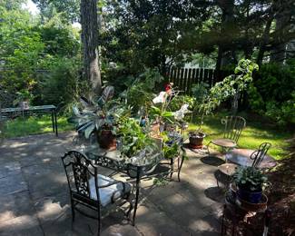 Patio tsbles, chairs, many plants and flower pots