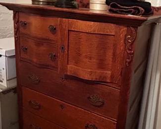 Vintage tall oak dresser with attached mirror