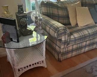 Comfy sofa, pair of glass topped white wicker side tables