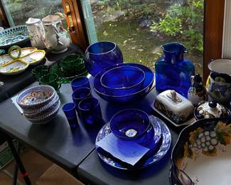 Part of cobalt glass dinnerware collection