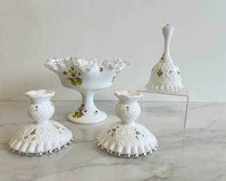Lot 4444 Handpainted Fenton Milk Glass Compote Candlesticks Bell