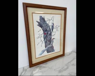 Lot 4480 Vintage Red Bellied Woodpeckers Lithograph Wall Art Artist Signed Robin Hill