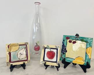 Lot 4333 Blown Glass Vessel wApple in Base Hand Painted Fruit Plates from Shaky Ground White Salmon WA