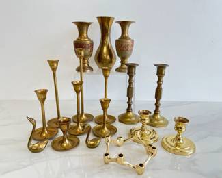 Lot 4443 Brass Vases Candlestick Holders More