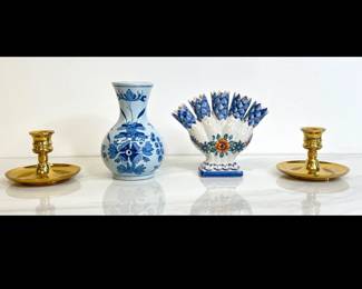 Lot 4455 Vintage Pottery Brass Candlesticks Delft Carvalhinho Tulipiere Vase