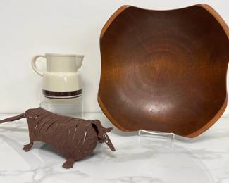 Lot 4400 Vintage Honey Maple Wood Vermontmade Bowl McCoy Pitcher Metal Armadillo Sculpture