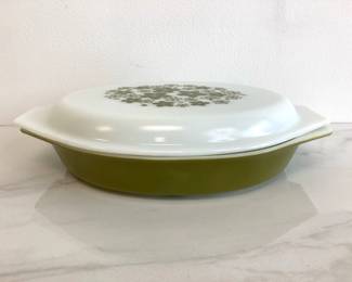 Lot 4419 Vintage Pyrex Green Crazy Daisy Oval Dish w Lid