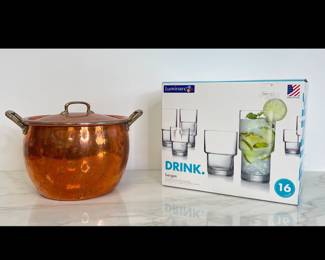 Lot 4299 Ruffoni Italy 7.5 Qrt Hammered Copper Stock Pot Luminarc Bergen Glassware