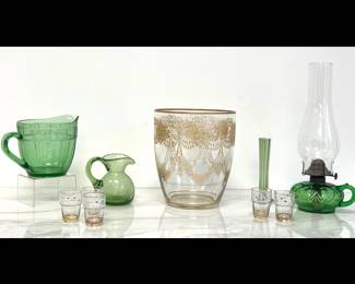 Lot 4243 Vtg Glass Ice Bucket Vase Shot Glasses Green Glass Decor