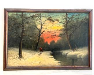 Lot 4240 Vintage Jacque Laurier Art Oil Painting Hunter in Winter Landscape