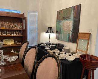 Looking across the dining room and showing the table with the Denby pottery and the vintage Syracuse china