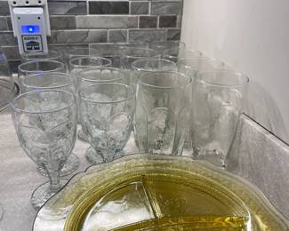 Vintage Libbey stem ware and depression glass plates