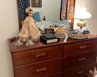 Vintage Peter Klerner, Graydon, Indiana six drawer dresser with mirror, composite doll, bibles, designer ties