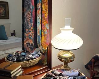 Designer ties, brass lamp with original globes