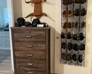 Modern chest of drawers, cameras and designer shoes in the Master bedroom