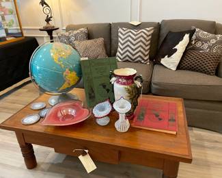 Handmade coffee table, vintage globe and Collier World Atlas, Art glass and vintage Jack in the pulpit